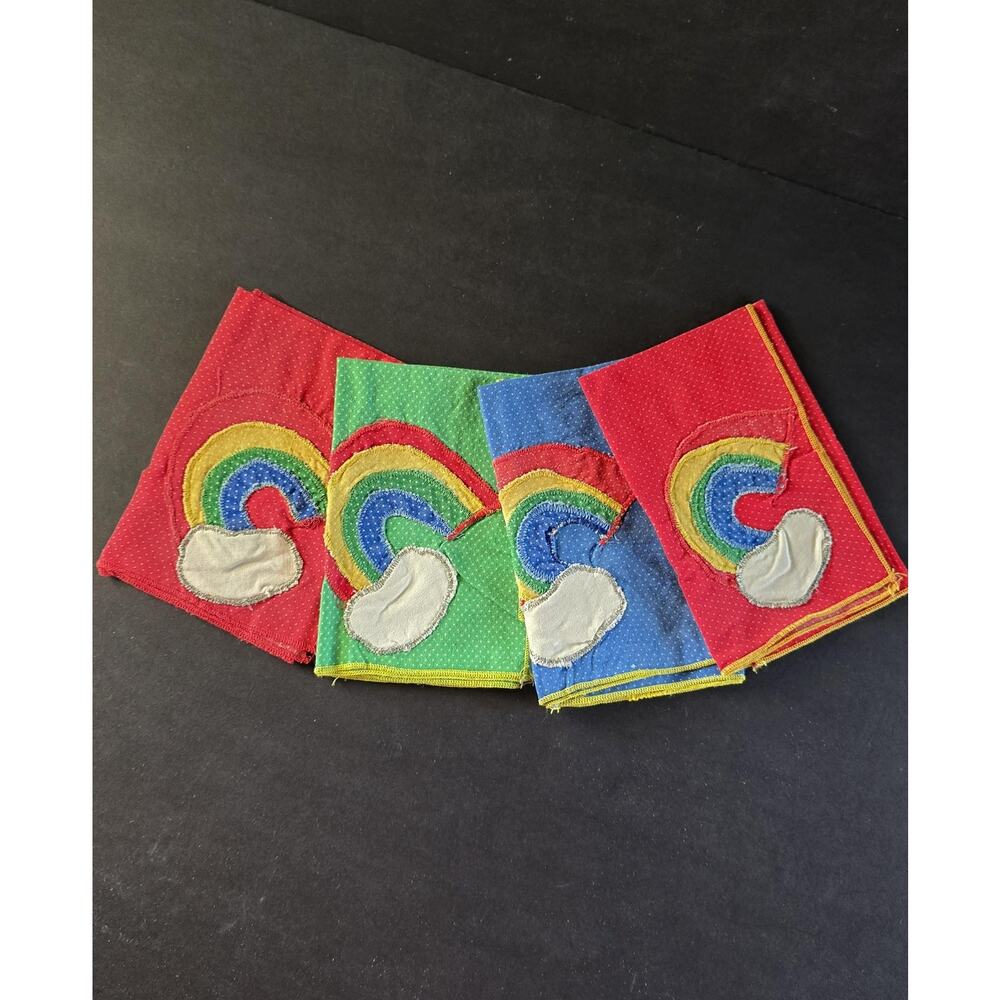 Vintage Handmade Rainbow Embroidered Polka Dot Napkins Set Of 4 Cotton Hawaii